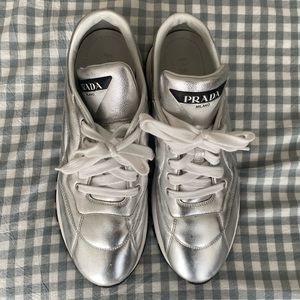 Prada shoes, Prada metallic silver sneaks